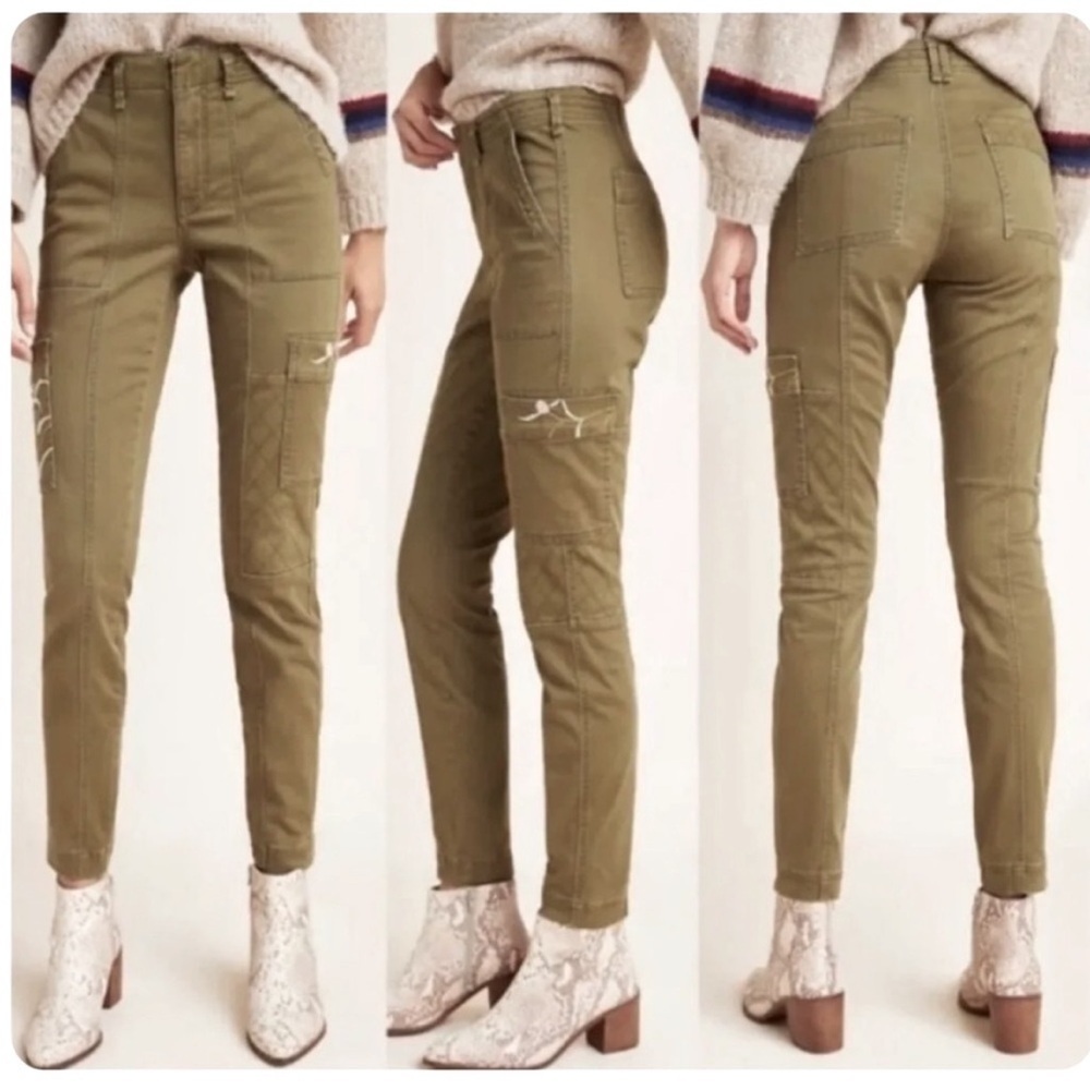 Anthropologie Floral Embroidered Cargo Pants Green Skinny Crop Size‎ 26